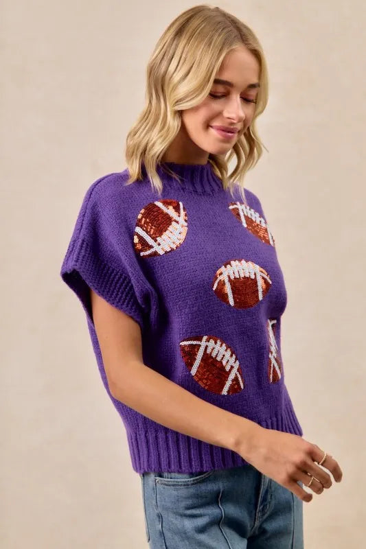 Gameday Sequin Football Patches Rib Banded Sweater