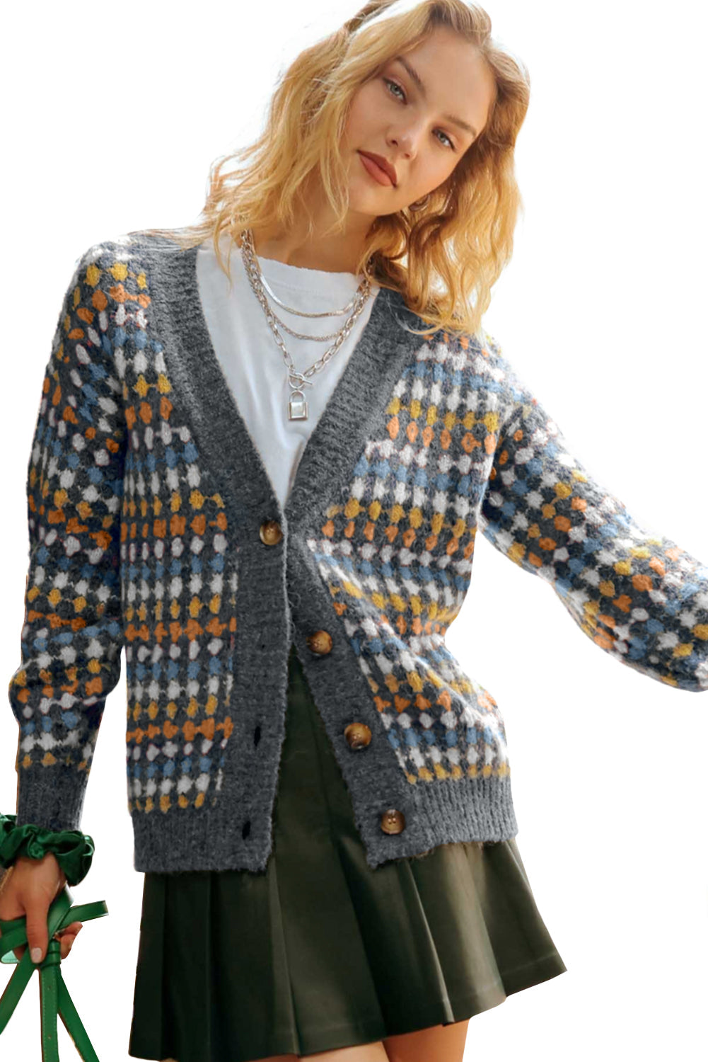 Gray Dotty Pattern Knit Button Front V Neck Sweater Cardigan