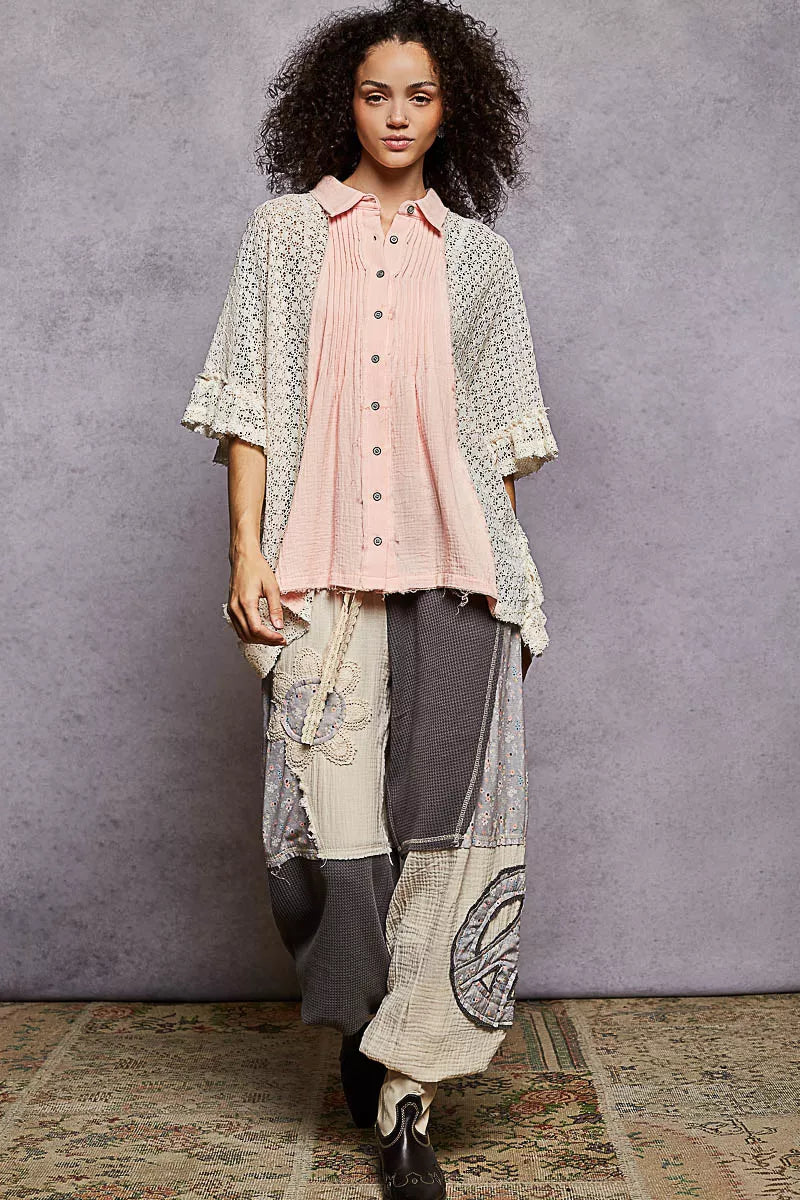 Button Down Front Pleated Shirt with Crochet Patch