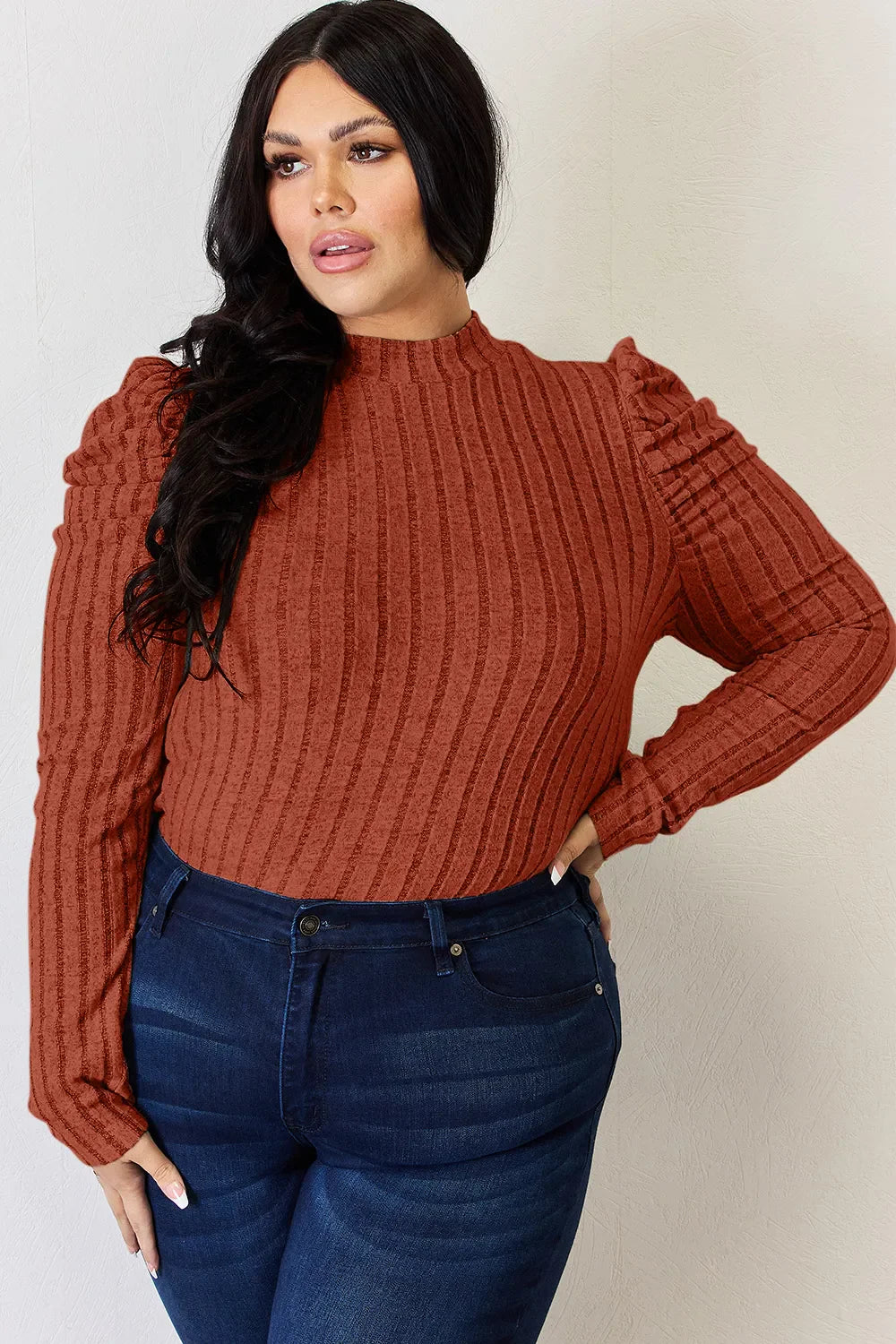 I am a Fashion junky Full Size Ribbed Mock Neck Puff Sleeve T-Shirt