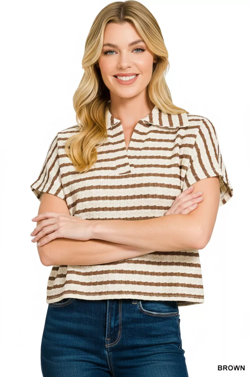 Striped Split Neck Collared Top