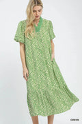 Leaf Print Ruffle Neck Midi Dress