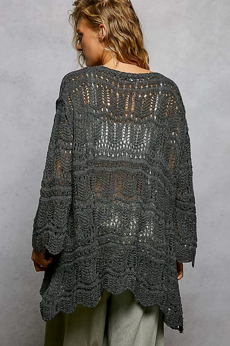 Openwork Lightweight Open Front Cardigan with Scalloped Edge