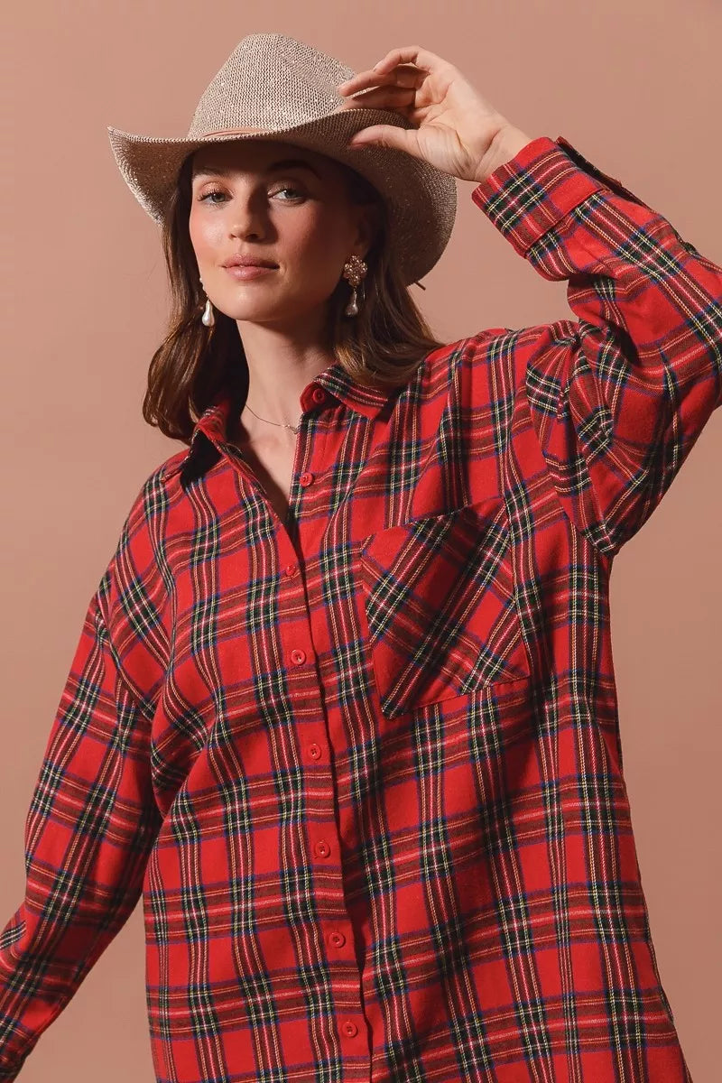 Christmas Checker Plaid Button Up Shirt Dress