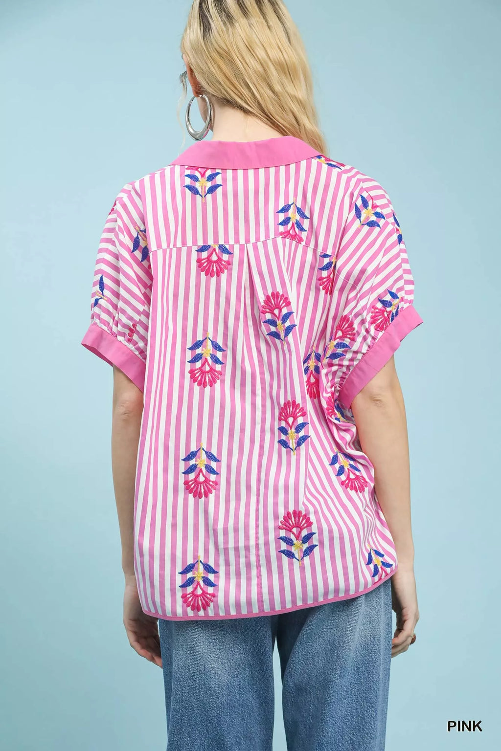 Stripe Embroidered Button-Front Boho Blouse