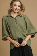 Half Button Blouse with Leopard Print Trim