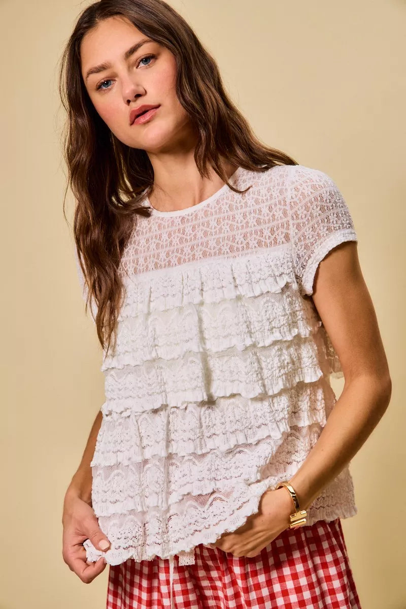 Ruffle Tiered Stretch Lace Short Sleeves Knit Top