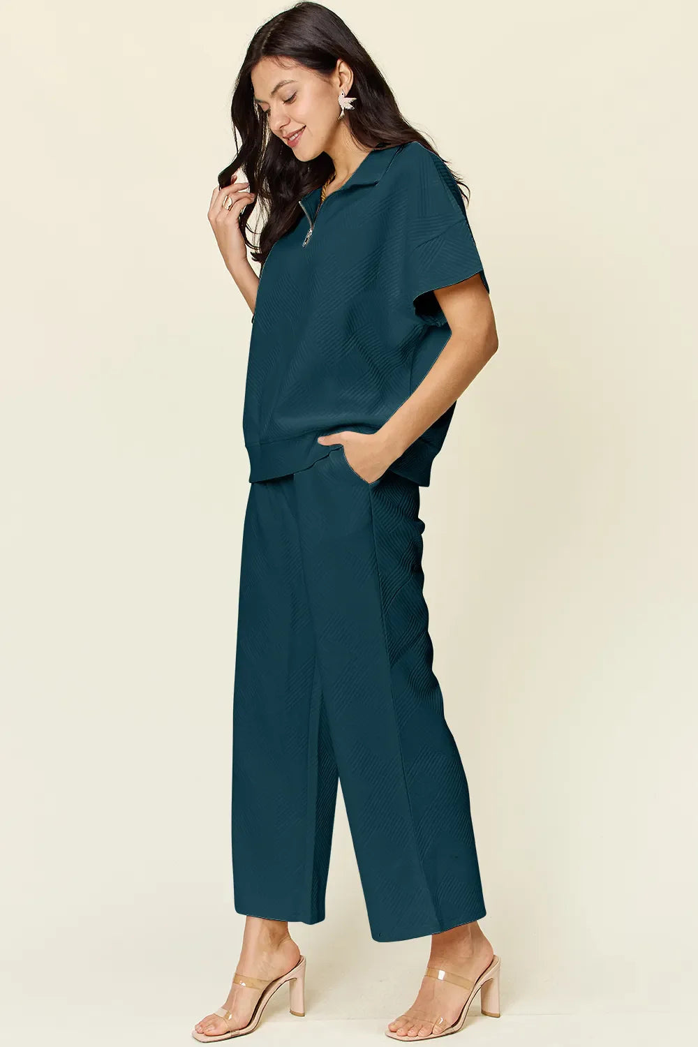 I am a Fashion Junky Full Size Texture Half Zip Short Sleeve Top and Pants Set