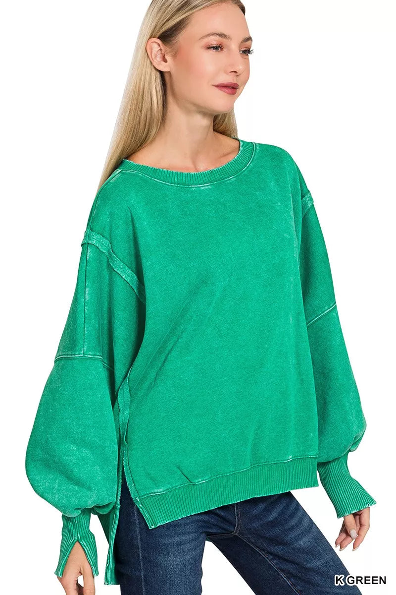 Acid Washed Batwing Sleeve Fleece Sweatshirt