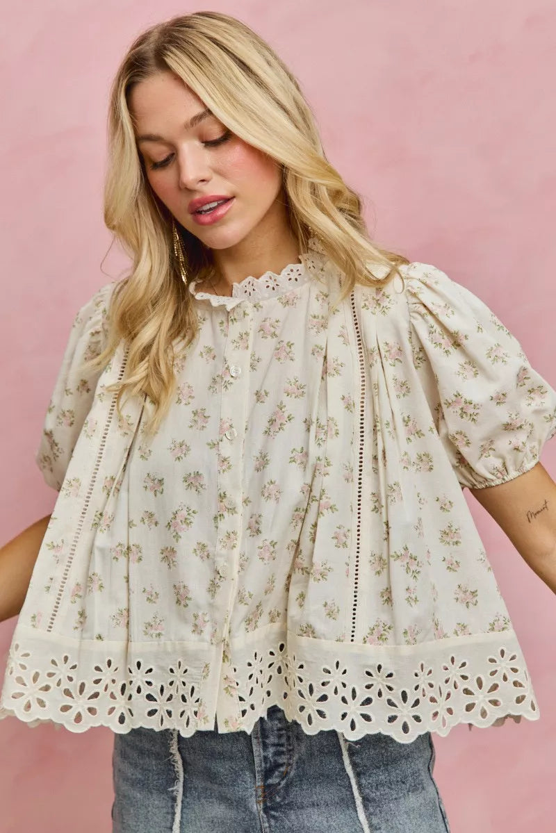 Floral Print Lace Trim Short Sleeves Blouse