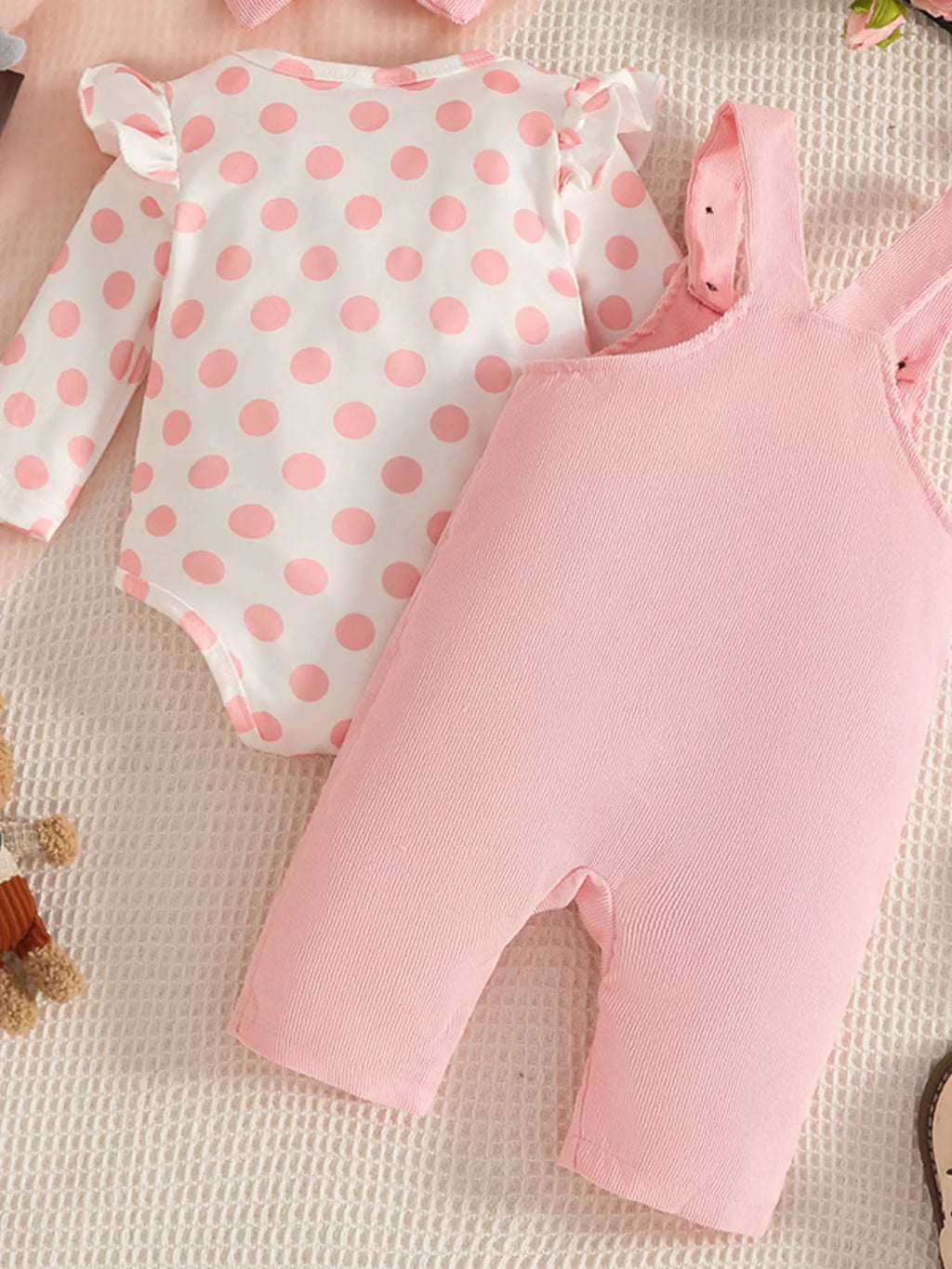 Children's Polka Dot Bodysuit and Overalls Set with Headband