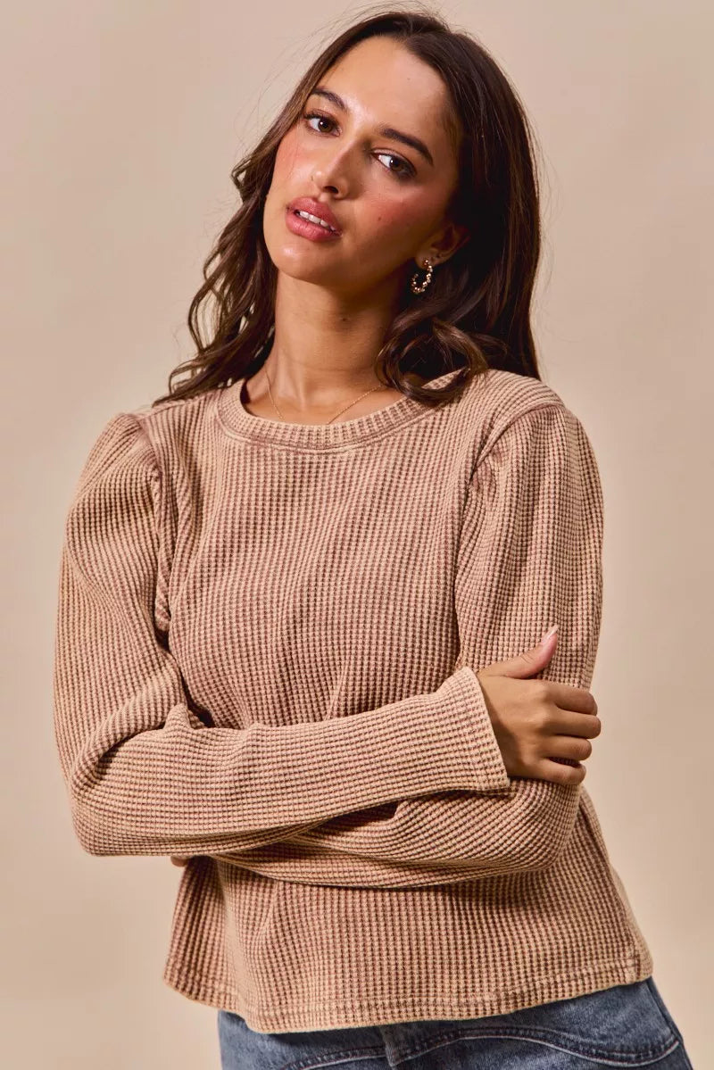 Mineral Washed Waffle Top With Puff Sleeves