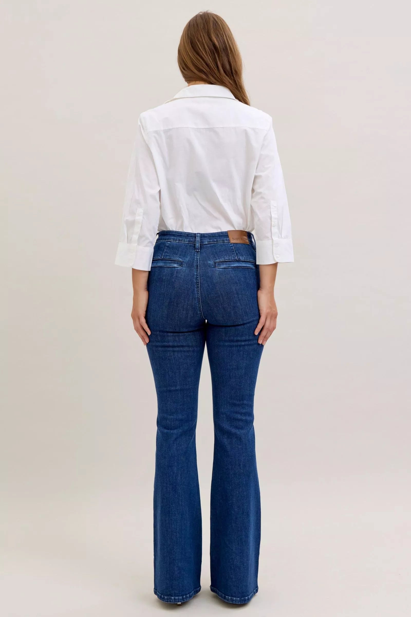 High Waist Flare Jeans with Front Patch Pockets