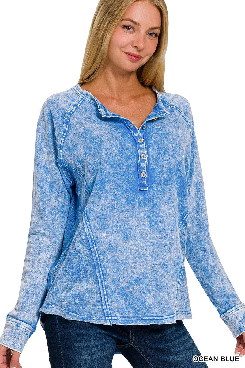 Washed French Terry Half Button Top