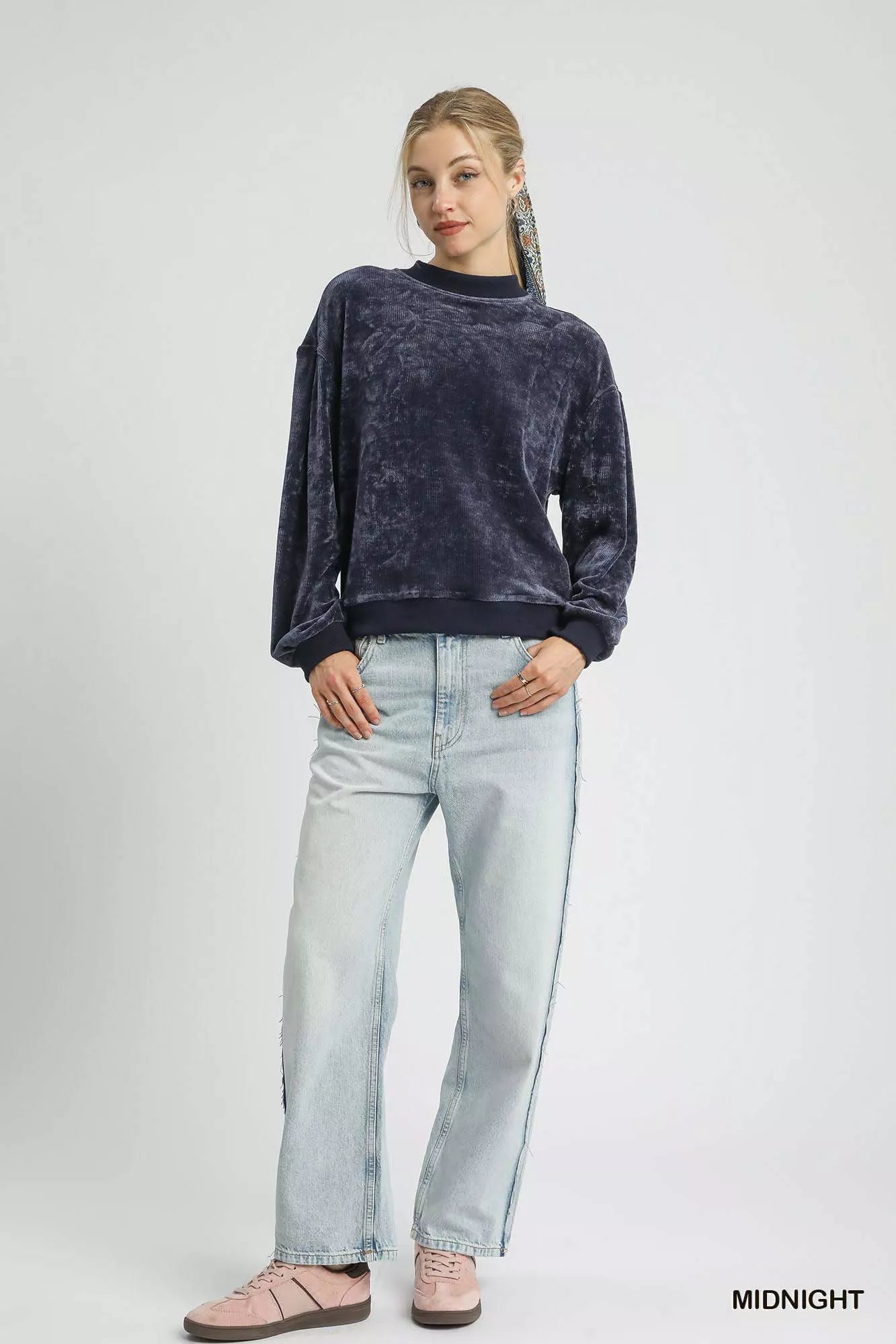 Velour Crewneck Balloon Sleeve Sweatshirt