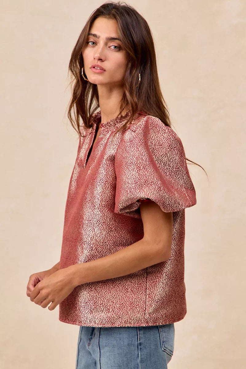 Jacquard Woven Short Balloon Sleeves V Neck Top