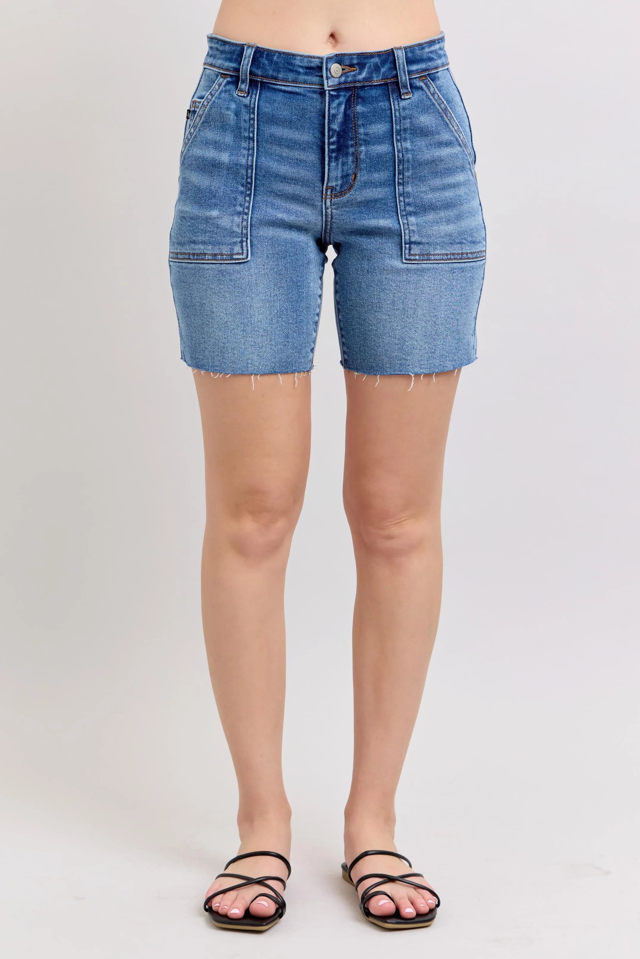 Full Size Mid Rise Bermudas Denim Shorts W/ Back Flap Pockets Plus Size
