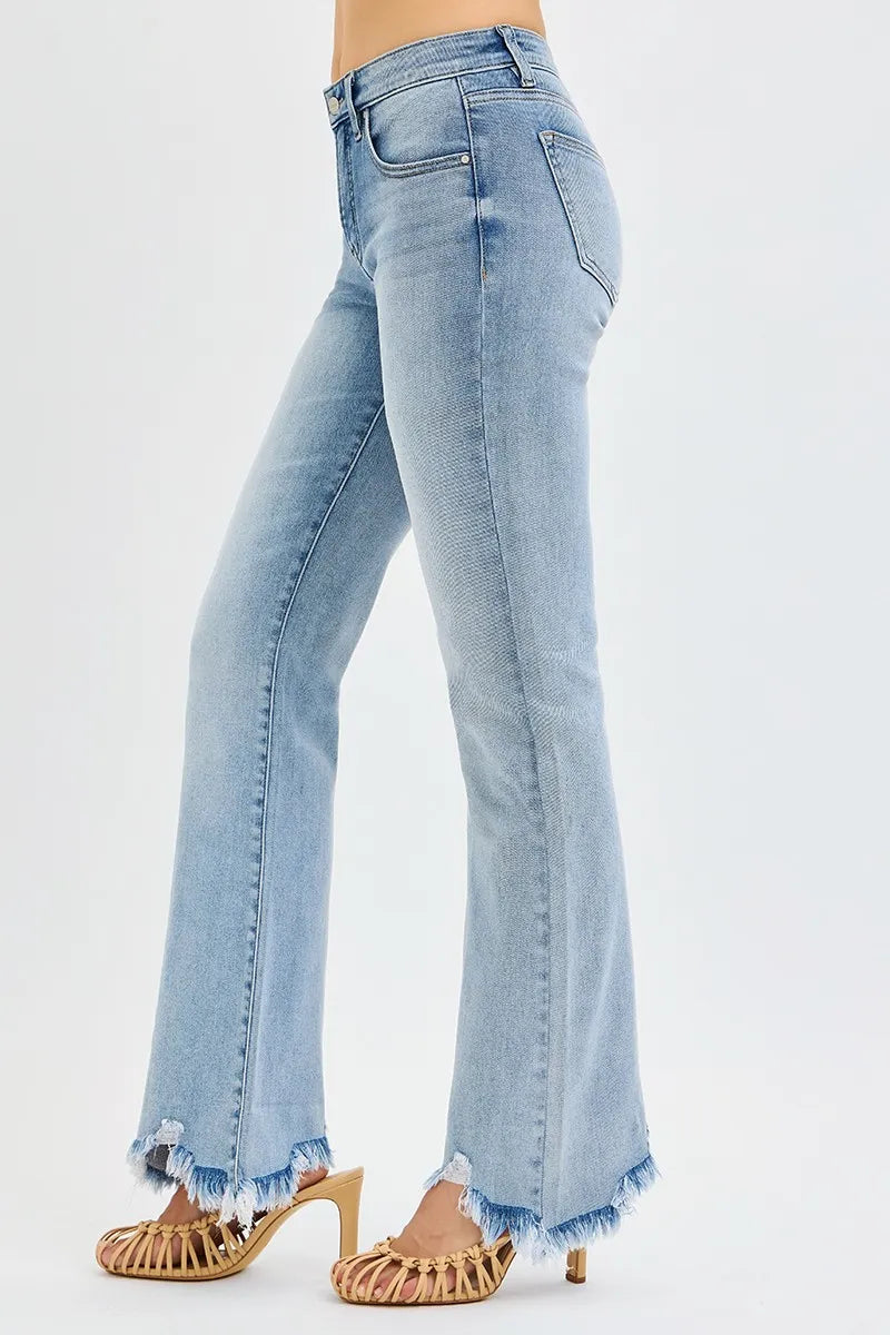 Full Size Tummy Control Mid Rise Flare Jeans with Fray Hem Detailed Plus Size