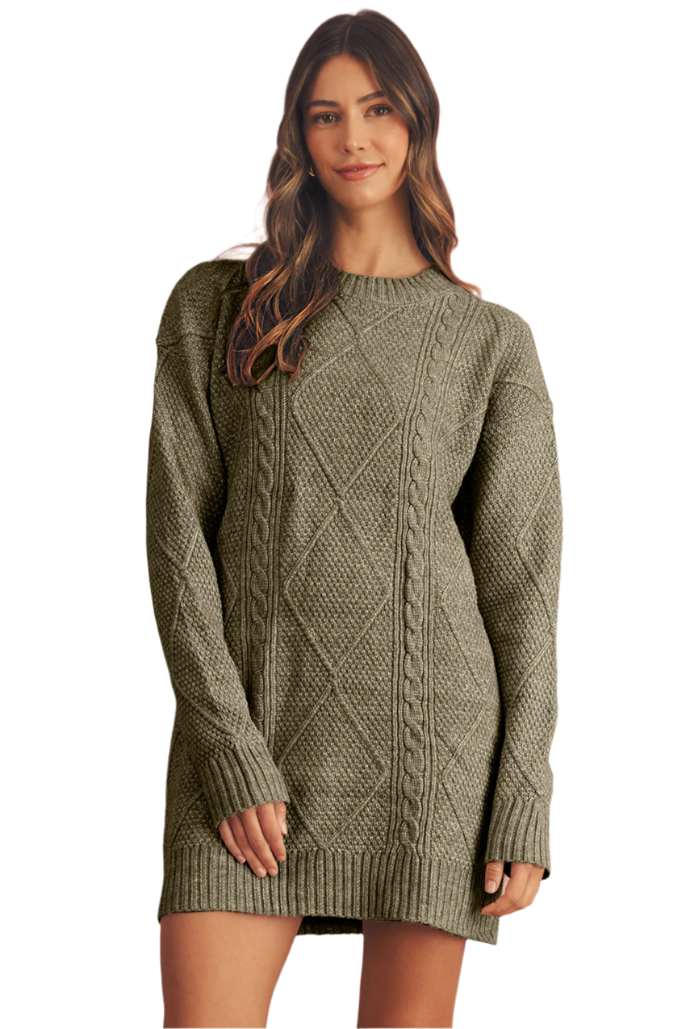 Mist Green Twist Cable Knit Drop Shoulder Loose Fit Sweater Dress