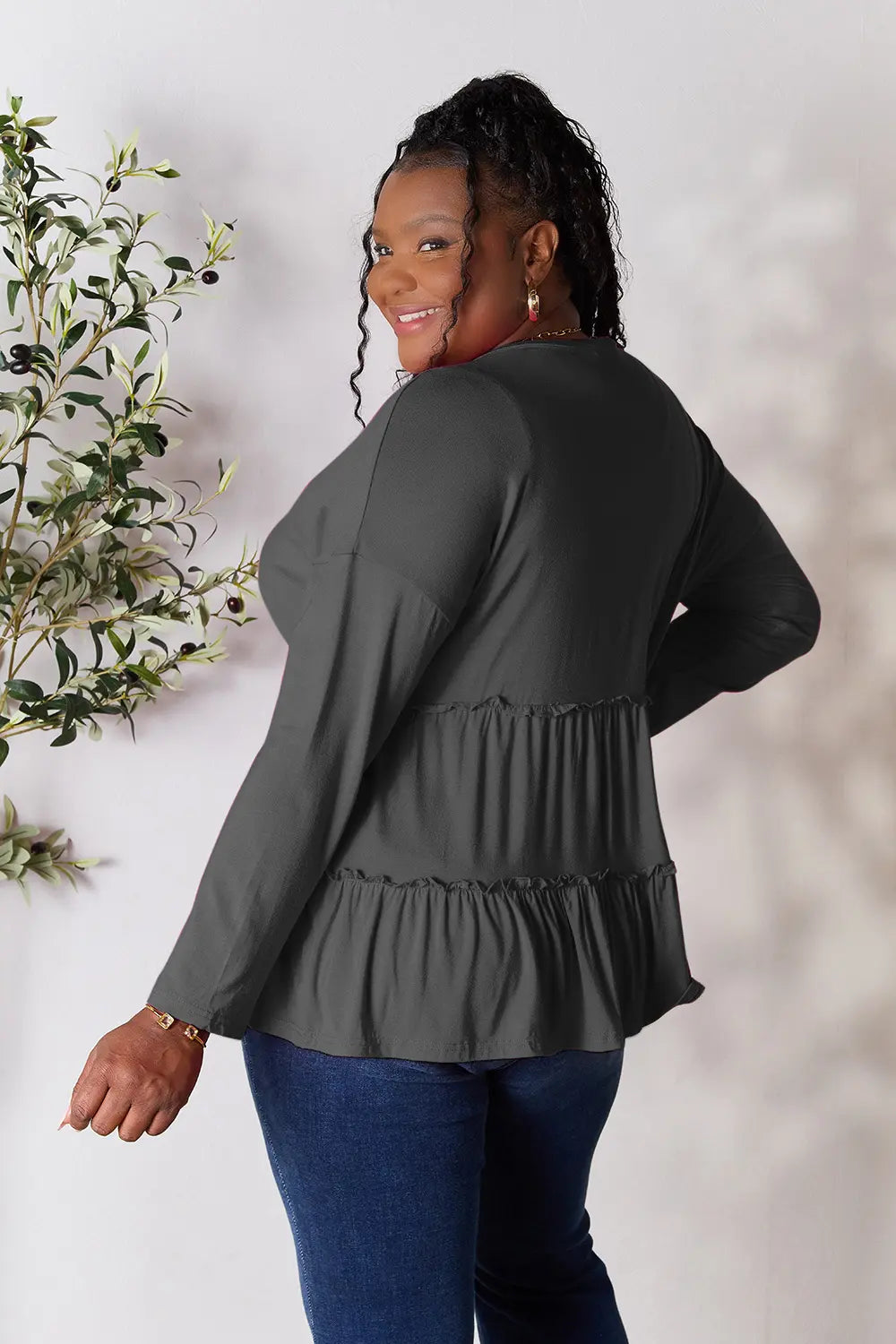 I am a Fashion Junky Take Half Button Long Sleeve Ruffle Hem Blouse