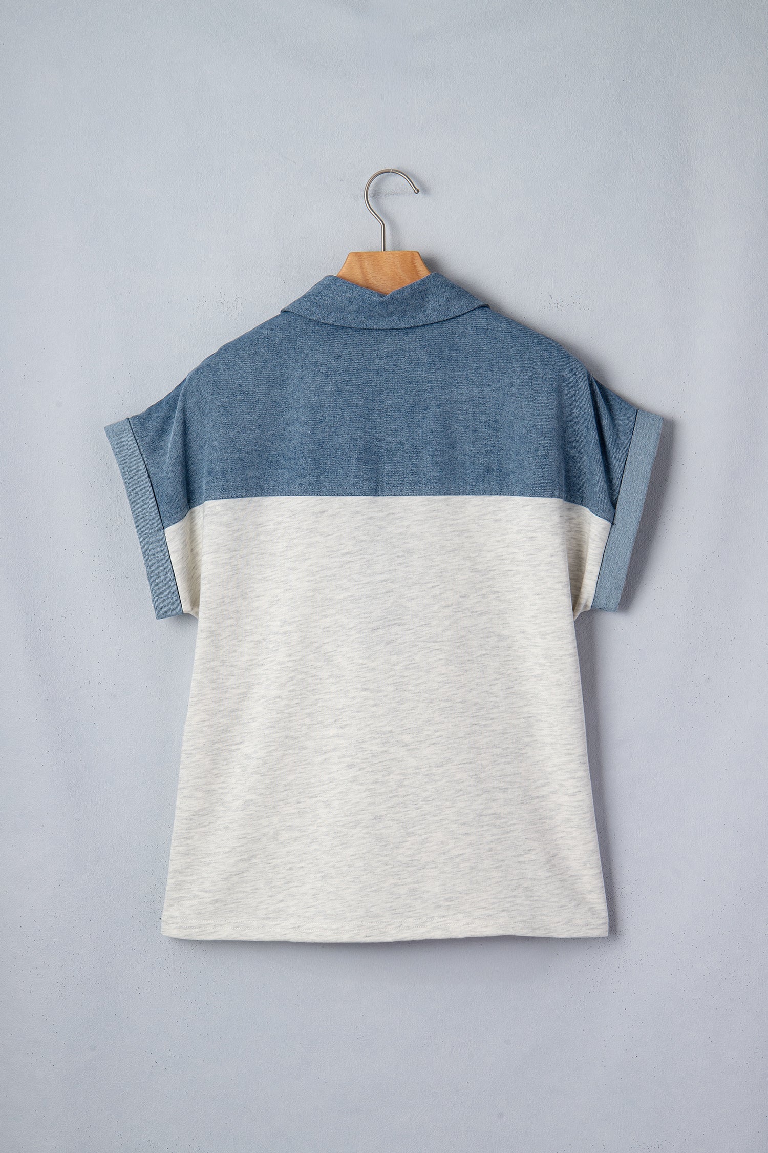 Light Grey Color Block Denim Patchwork Button Polo Collar Short Sleeve Top