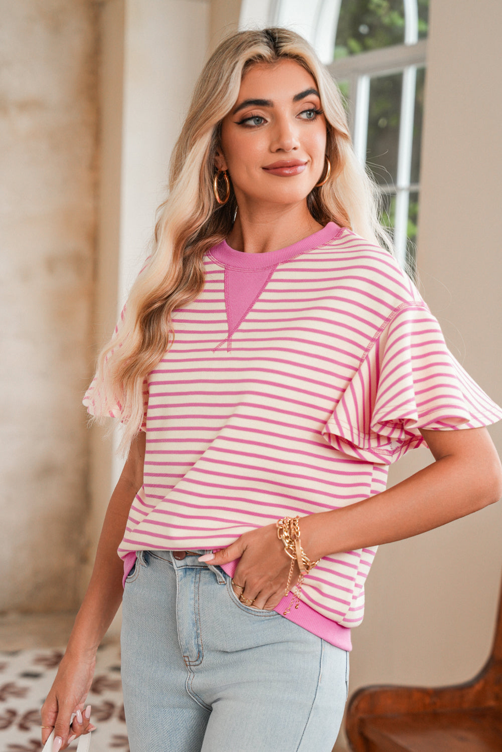 Parchment Striped Ruffle Sleeve Round Neck Top