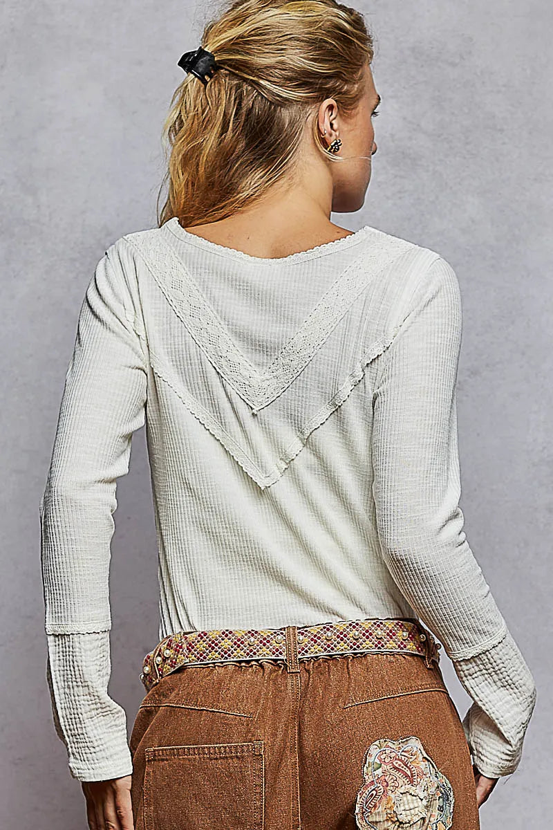 Ribbed Half Button Lace Detail Knit Top