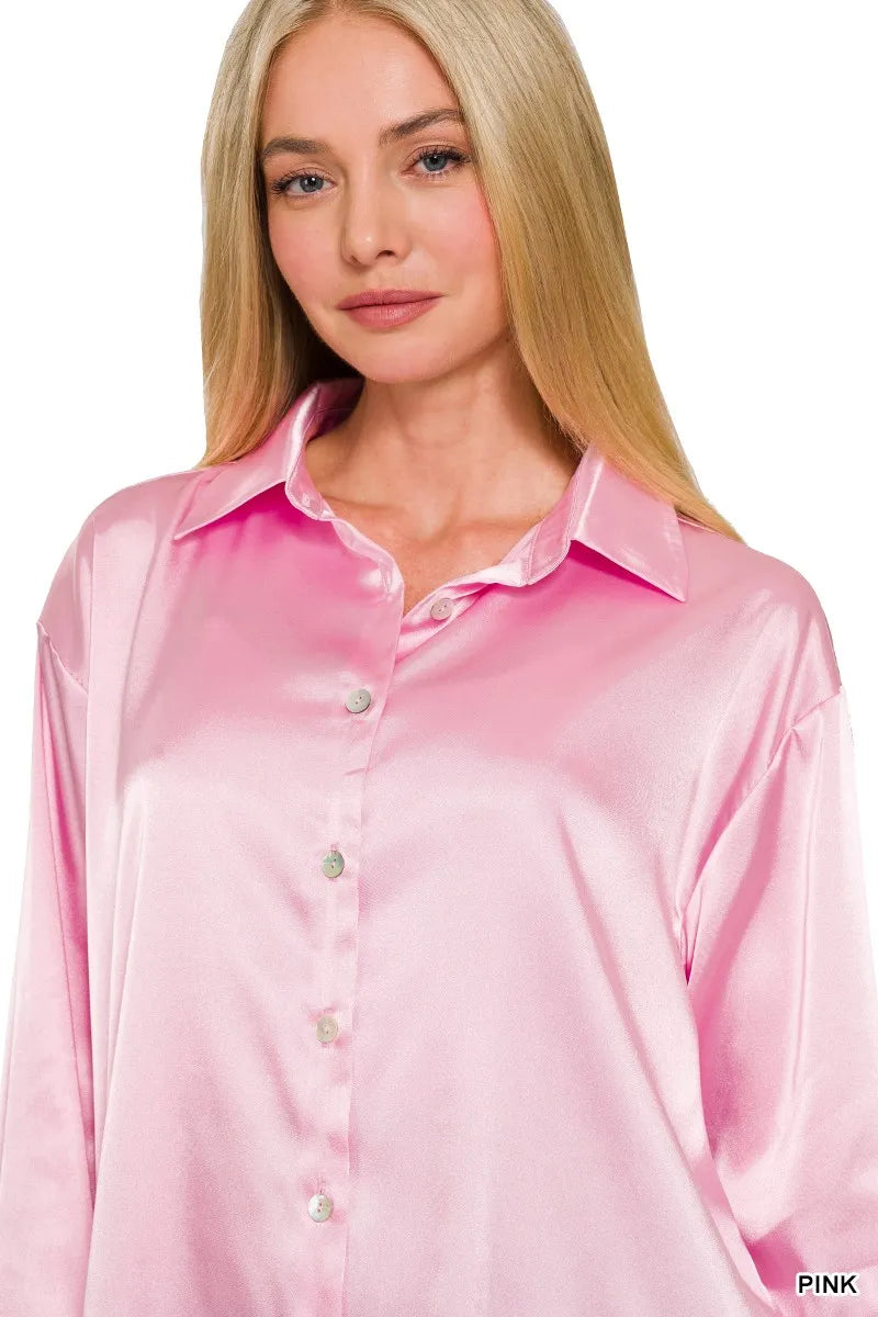 Satin Button Down Long Sleeve Shirt