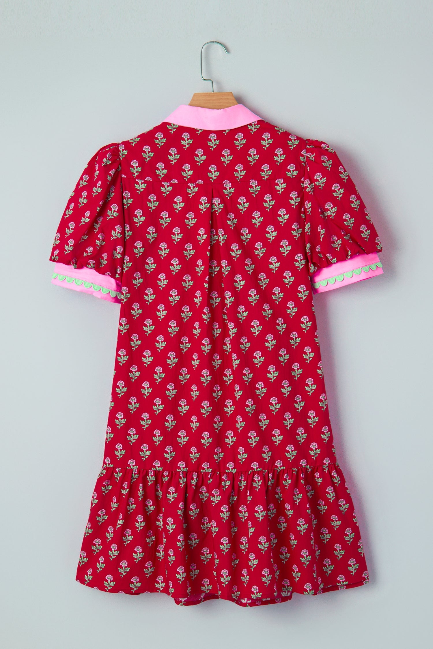 Red Floral Print Contrasted V Neck Short Bubble Sleeve Mini Dress