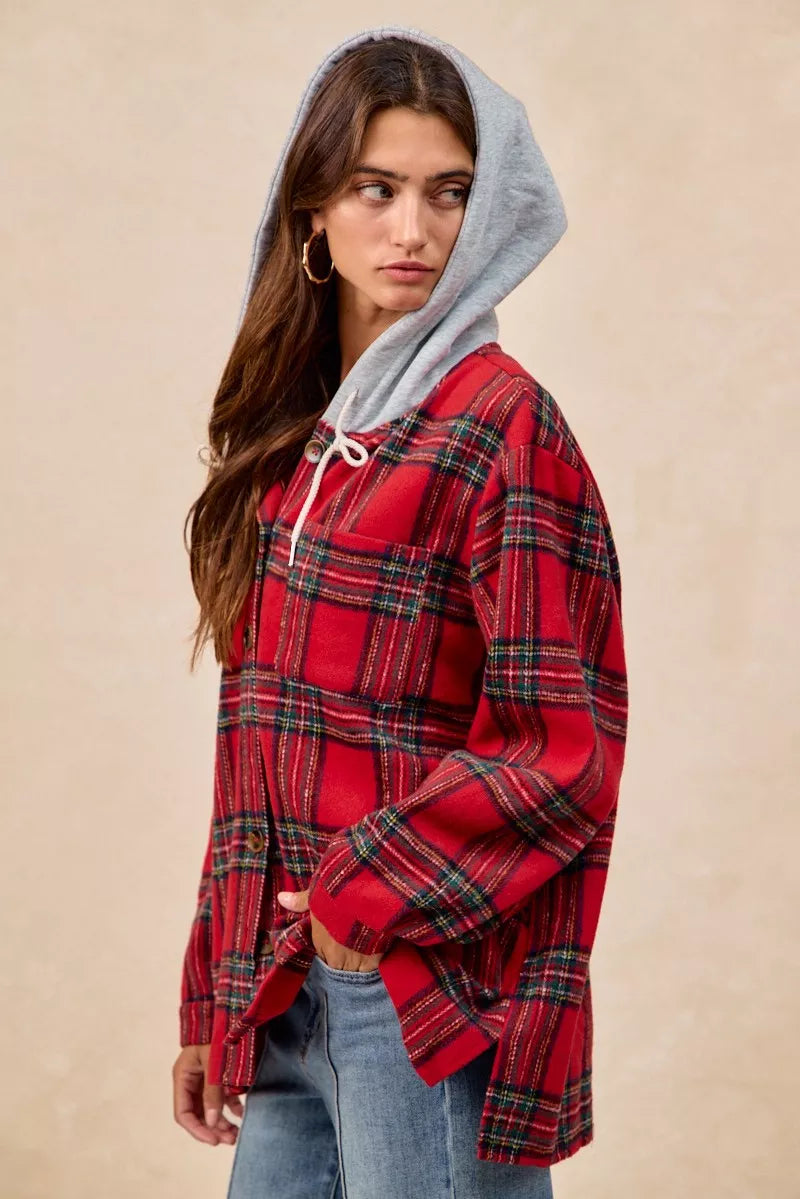 Brushed Plaid Hooded Jacket