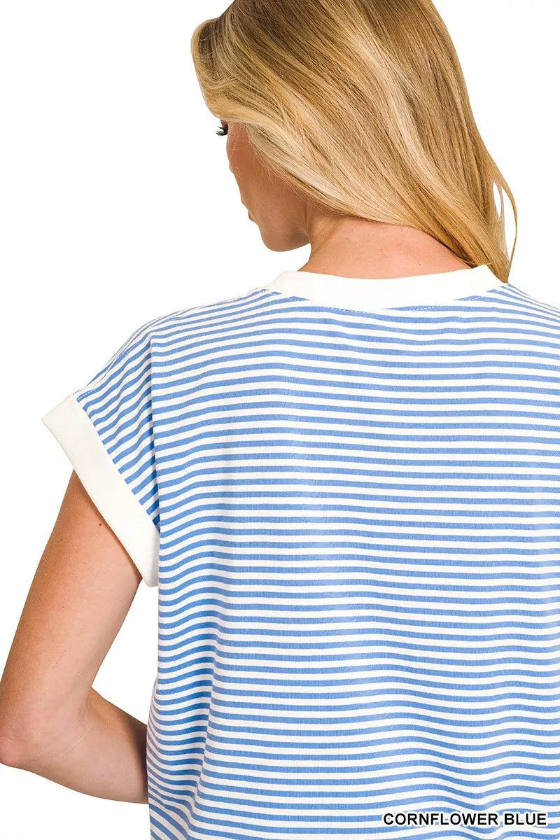 Striped Round Neck Short Sleeve Contrast Trim T-Shirt