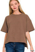Full Size Double Knit Side Slits Hi Low Short Sleeve Top Plus Size