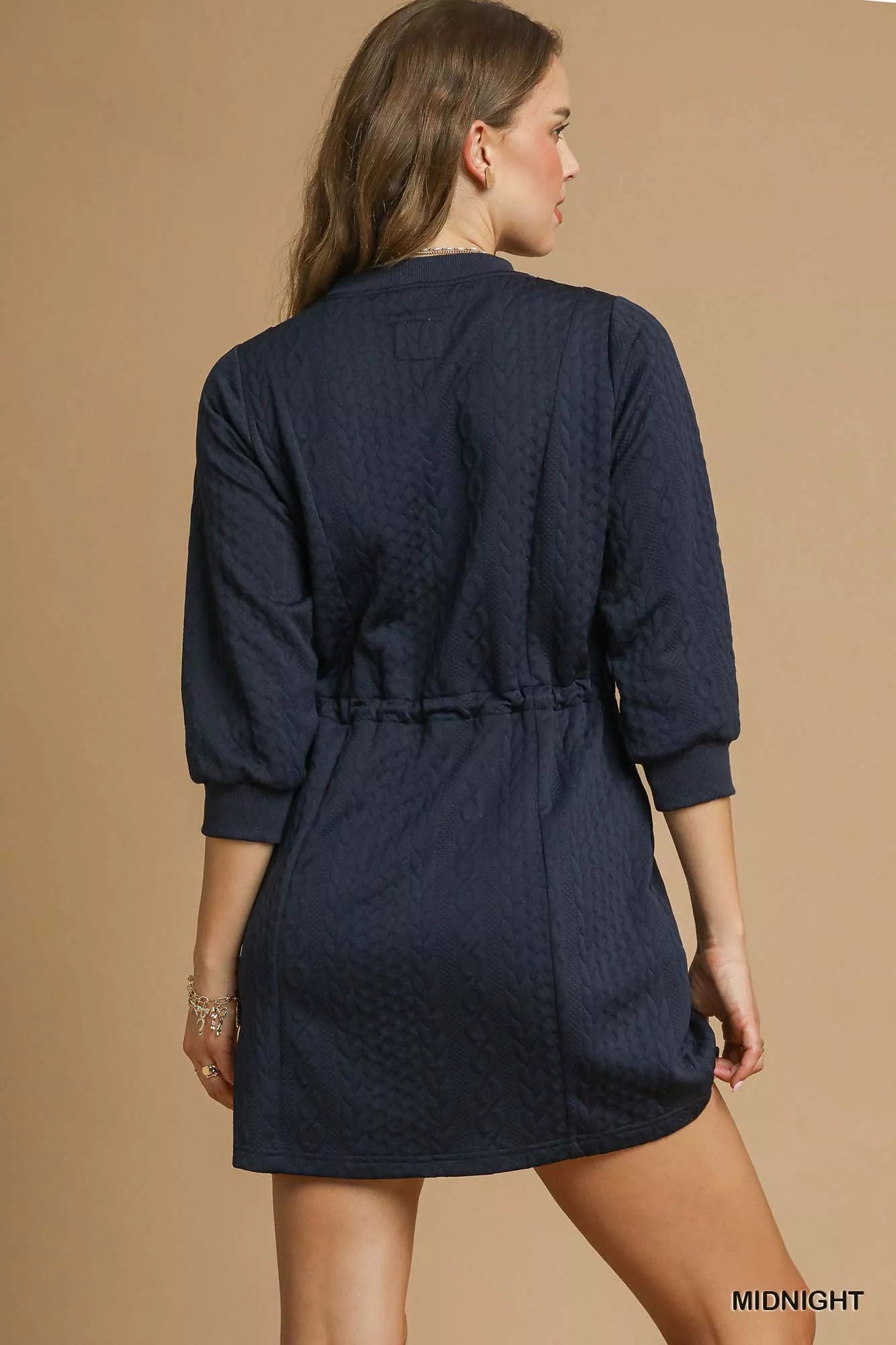 Drawstring Cable Knit Mini Dress with Pockets