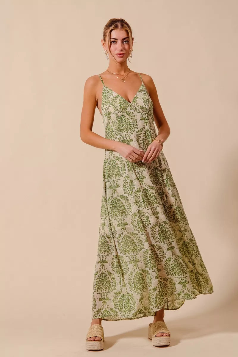 Damask Floral Summer Maxi Flowy Dress With Open Back