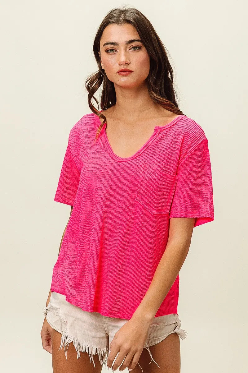 Waved Rib U Neck Top With Front Pocket