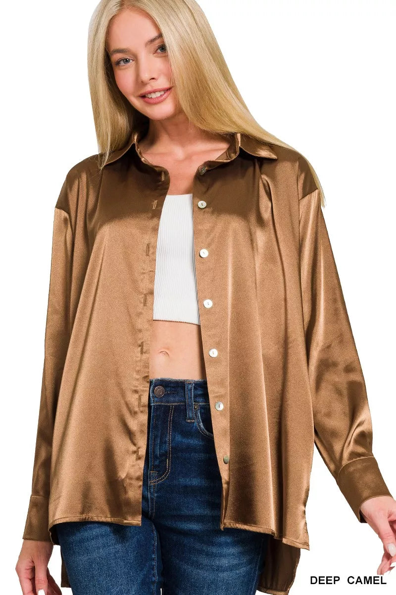 Satin Button Down Long Sleeve Shirt