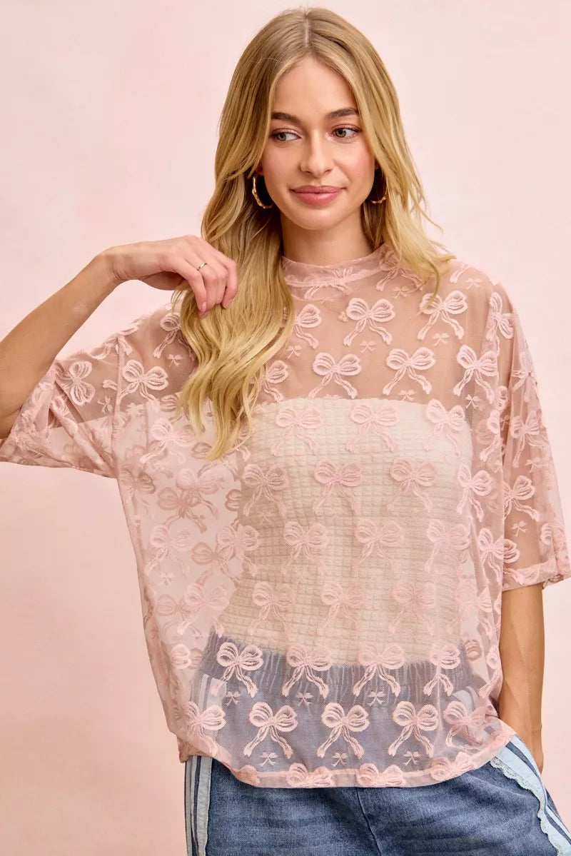 Bow Pattern Short Sleeves Boxy Mesh Top