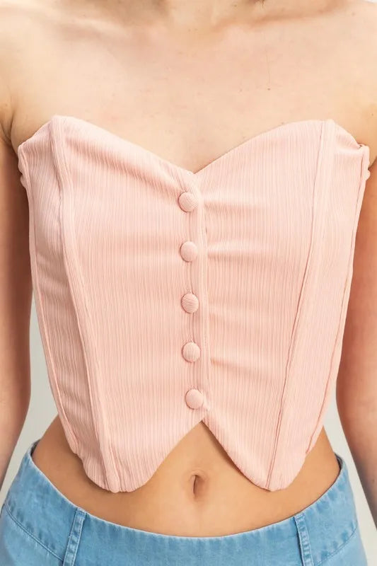 Buttoned Front Strapless Knit Bustier Top