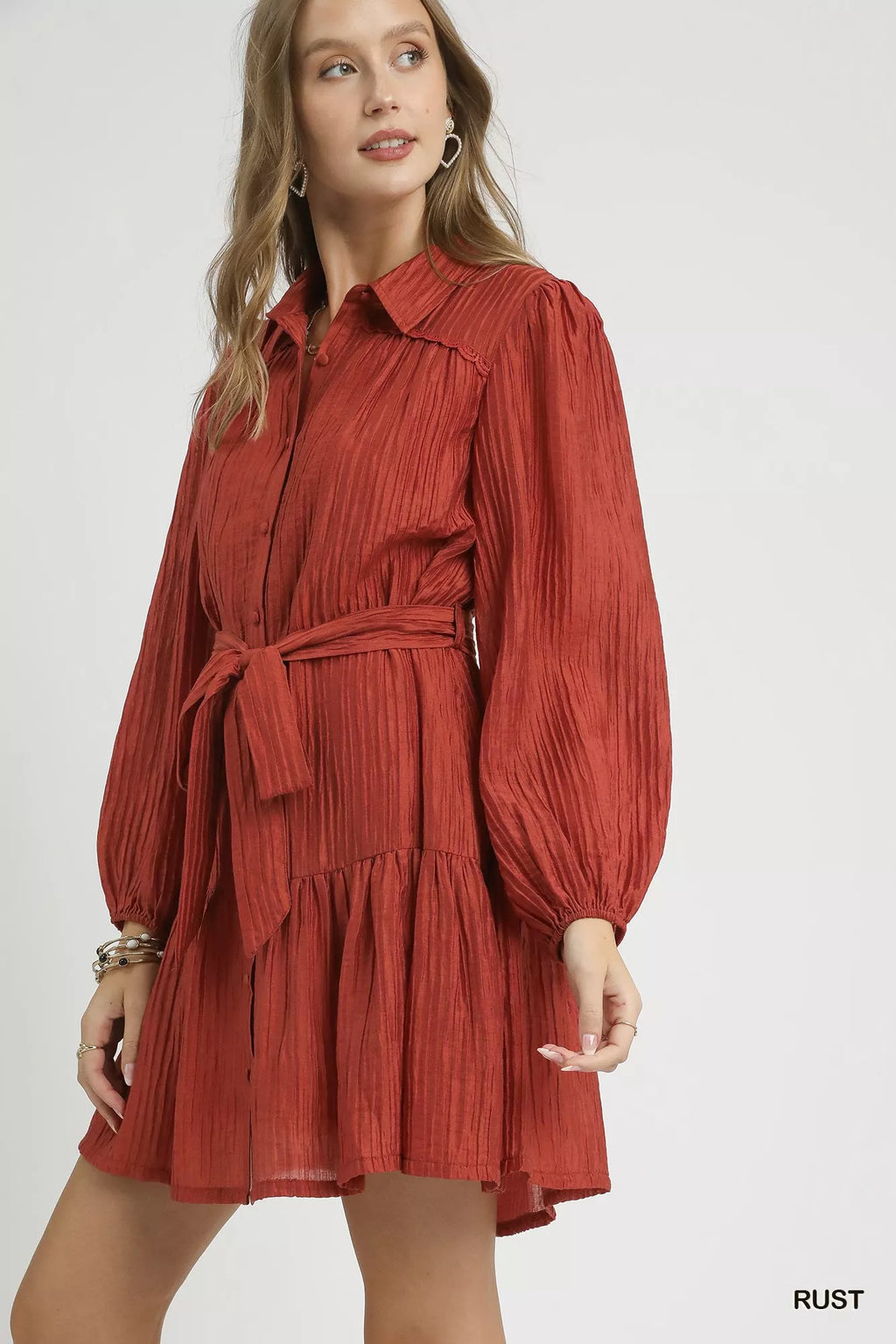 Crinkle Button-Front Tiered Mini Dress with Waist Tie