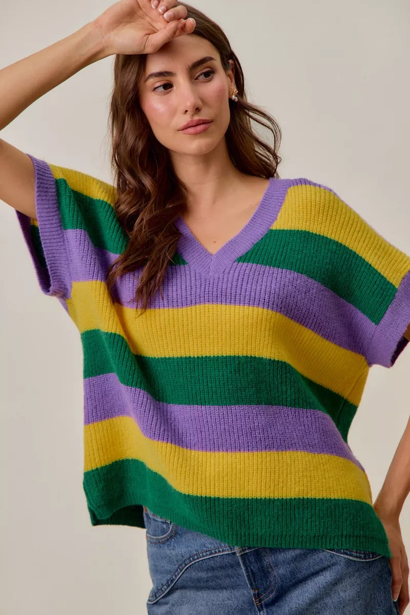 Mardi Gras Loose Fit V Neck Stripe Sweater Top