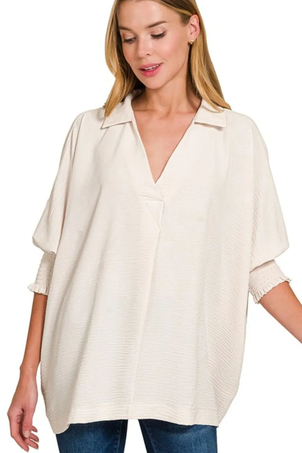 Airflow Collar Tee with Smocked Sleeve Band Top