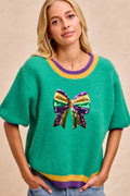 Mardi Gras Sequin Ribbon Patched Sweater