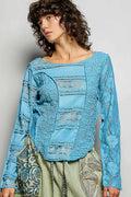 Round Neck Long Sleeve Exposed Seam Top with Lace Detail