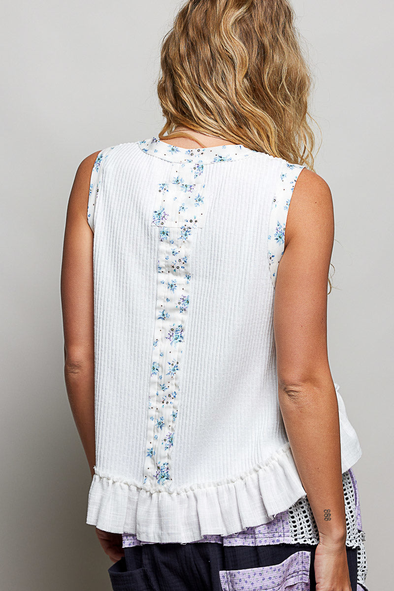 POL Floral Print Patche Round Neck Ribbed Tank with Double Gauze Ruffle Accents