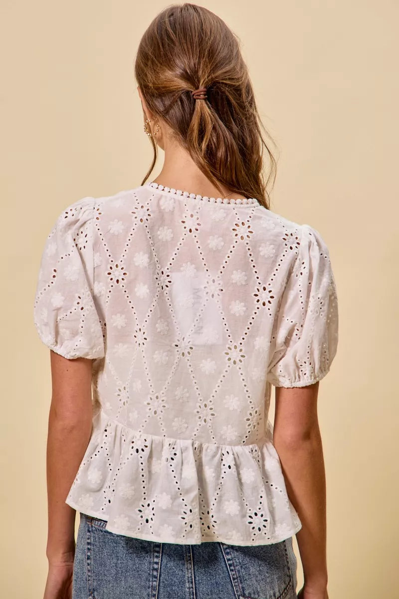 Cotton Eyelet Front Tie Short Sleeves Blouse
