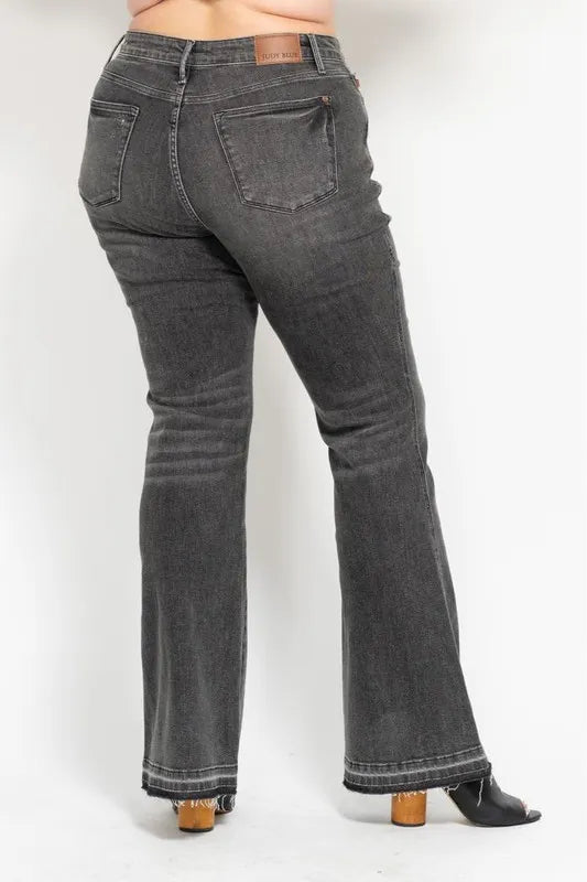 Full Size Mid Rise Tummy Control Washed Gray Release Hem Flare Jeans Plus Size