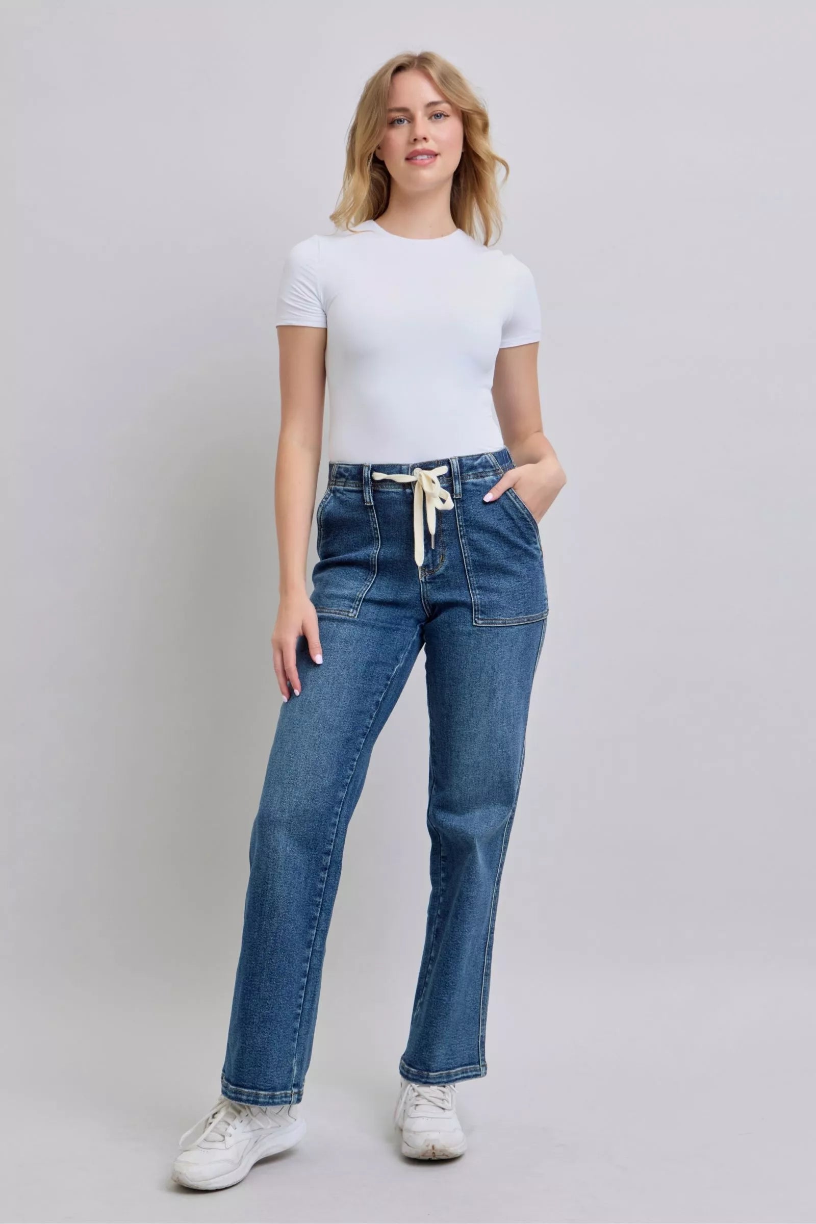 Drawstring Straight Jeans with Pockets