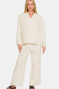 Quilted Button Up Long Sleeve Top and Pants Lounge Set