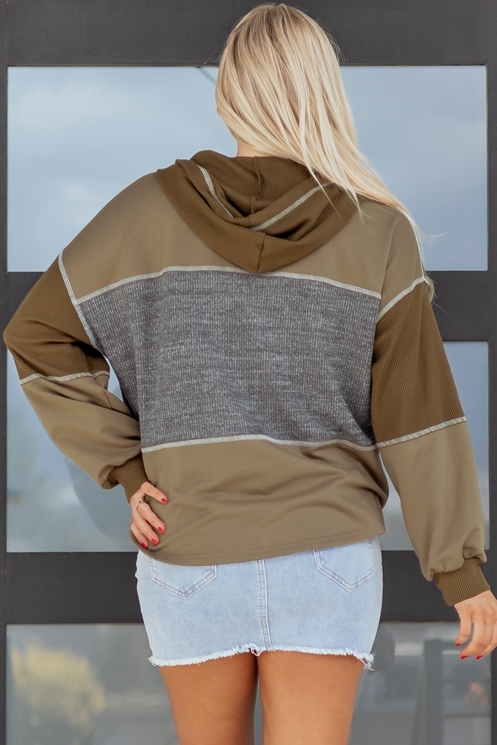 Jungle Green Mixed Texture Patchwork Exposed Seam Half Button Pullover Hooded Sweatshirt