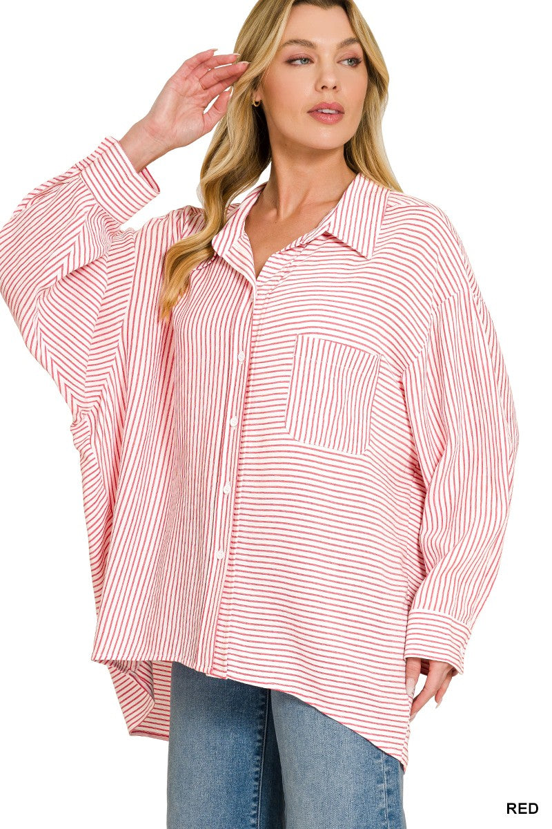 Zenana Woven Stripe Button Down Shirt